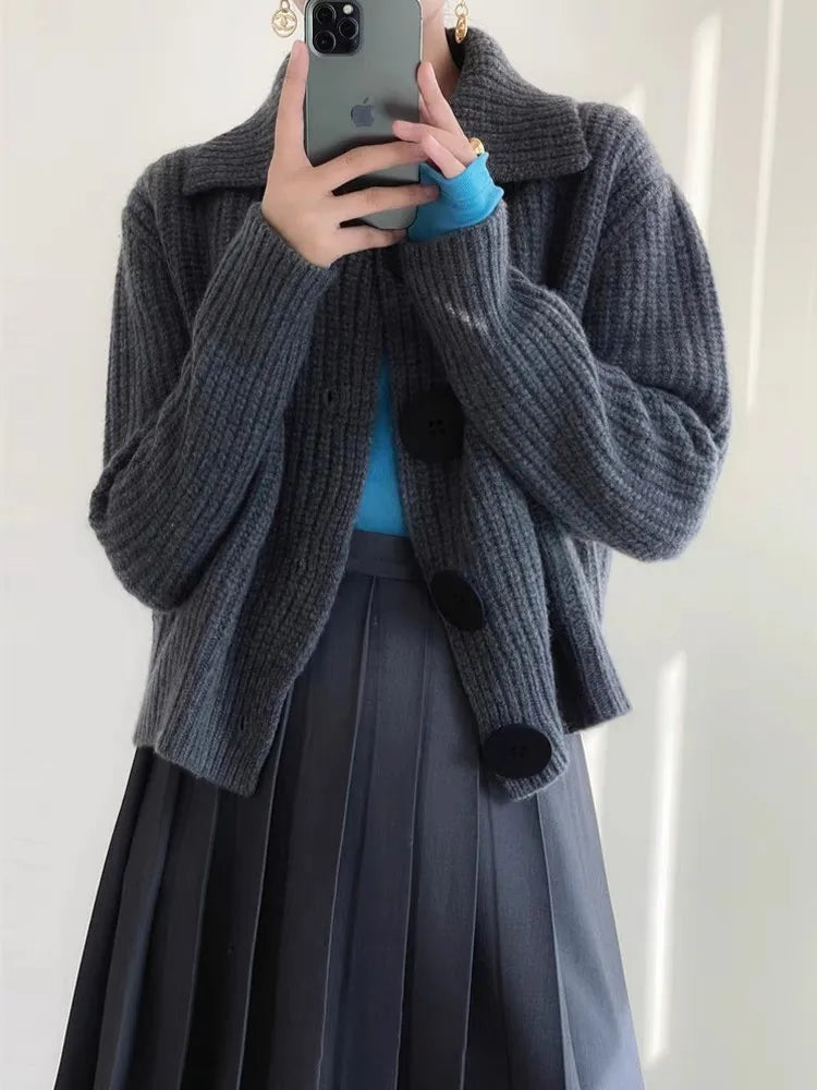 Loose Cardigan Women Turn-down Collar Autumn Winter Elegant Aesthetic Languid Korean Commuting Style Temperament Tender Stylish - Colouronova