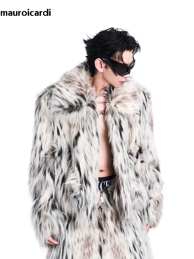 Mauroicardi Autumn Winter Cool Short Colorful Multicolored Thick Warm Hairy Faux Fur Coat Men Fluffy Jacket 2024 Y2K Streetwear - Colouronova