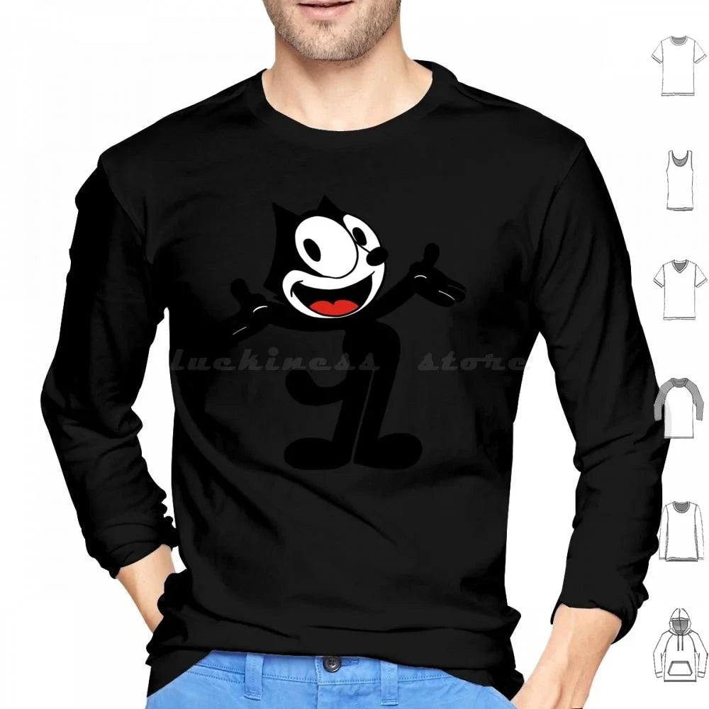 Hoodie Cotton Long Sleeve Vintage Cartoon Animation Kitty Black Cat Vintage Cartoon Cartoon Funny Funny Black Cat Felix Cat Colouronova