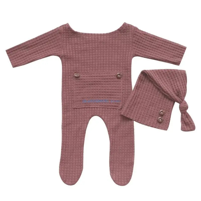 K9FF 2 Pcs/Set Knitted Jumpsuit Long Tail for Head Wrap Turban Beanie Cap Newborn Photography Props Baby Boy Girl Romper Hat - Colouronova