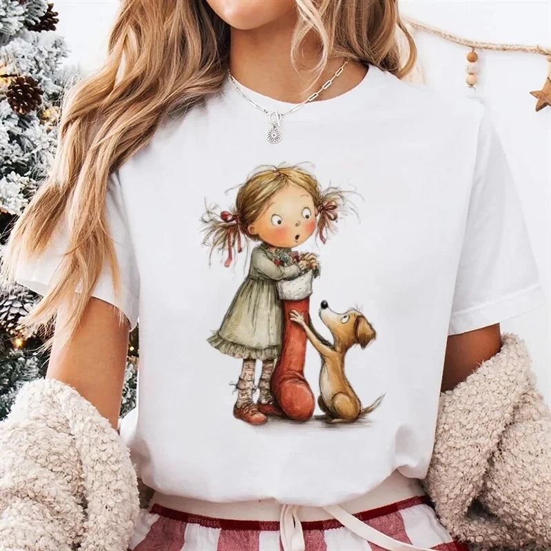 Trendy Women's Cute Christmas Happy Fashion New Year T-Shirt Girls' Christmas Socks Pattern Printed Short Sleeve Basic T-Shirt Colouronova