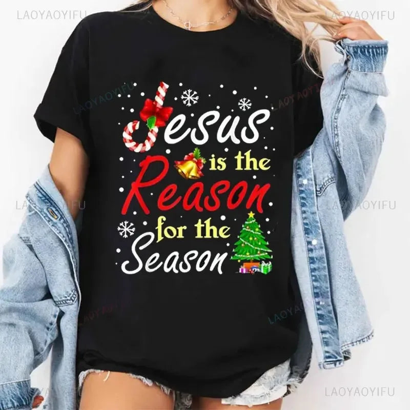 Christian Jesus The Reason Christmas Stocking Stuffer Gift TShirt Humor Funny Xmas Costume Cotton Tees Unisex Fashion Y2k Tops - Colouronova