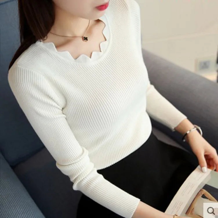 2024 new Sweater Pullovers Women's Autumn Winter Long sleeved Lotus Collar Short Korean Knitted Solid Color Bottom Shirt Jumpers - Colouronova