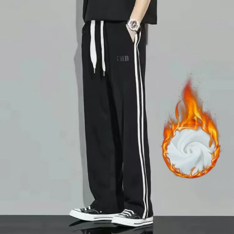 Fleece Thick Warm Straight Casual Pants Men Autumn Winter New Patchwork Striped Drawstring Waist Loose Versatile Sports Trousers - Colouronova