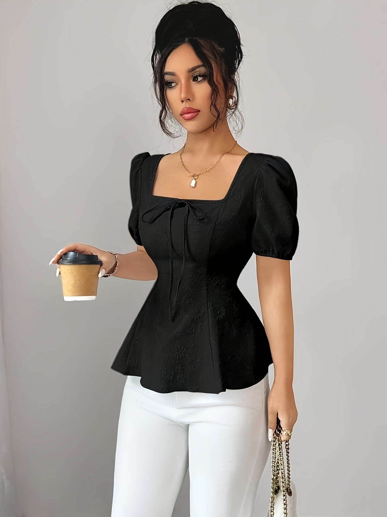 Square Neck Jacquard Blouse with Lace-Up Waist Colouronova