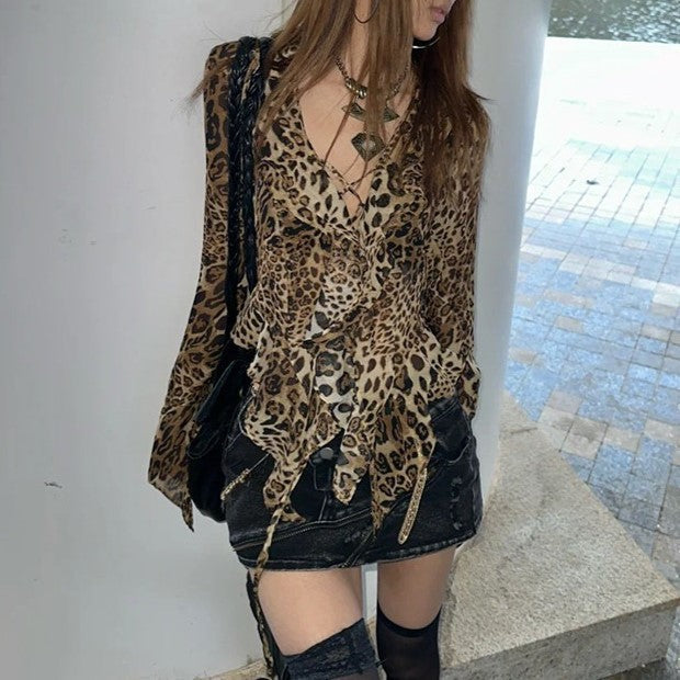 Women's Leopard Print V-Neck Chiffon Shirt Colouronova
