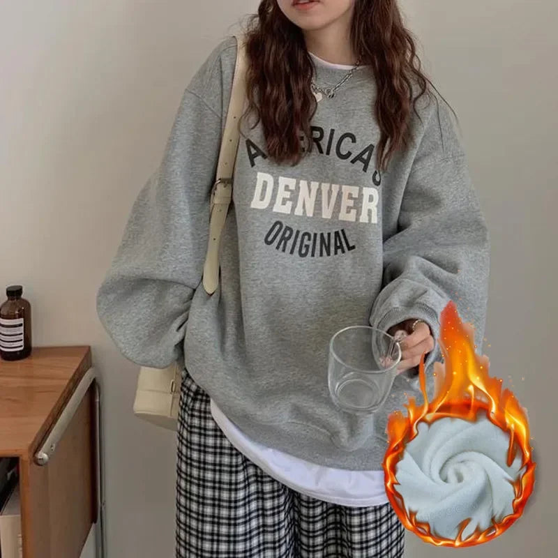 Women's Sweatshirt, Printed Letter Pullover, Casual Tops, Autumn and Winter O-Neck Hoodies, Design Sense, High Street Pupil Coat - Colouronova