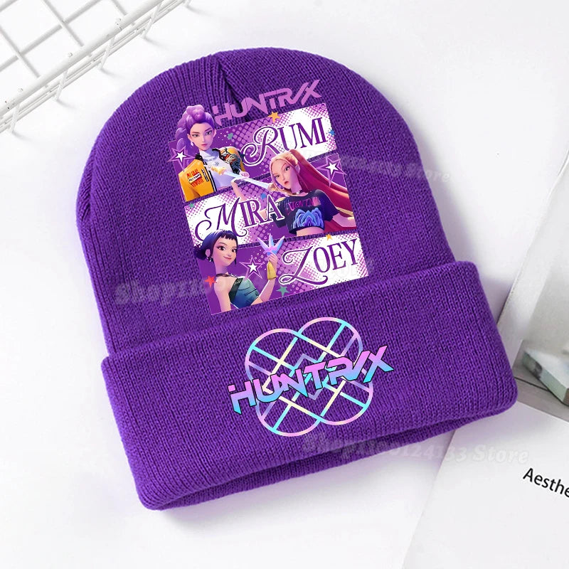 Demone Hunter Kids Knitted Hat Cute Anime Print Girl Beanie Cap Headgear Outdoor Street Warm Knit Cap Y2K Kawaii Game Party Gift - Colouronova