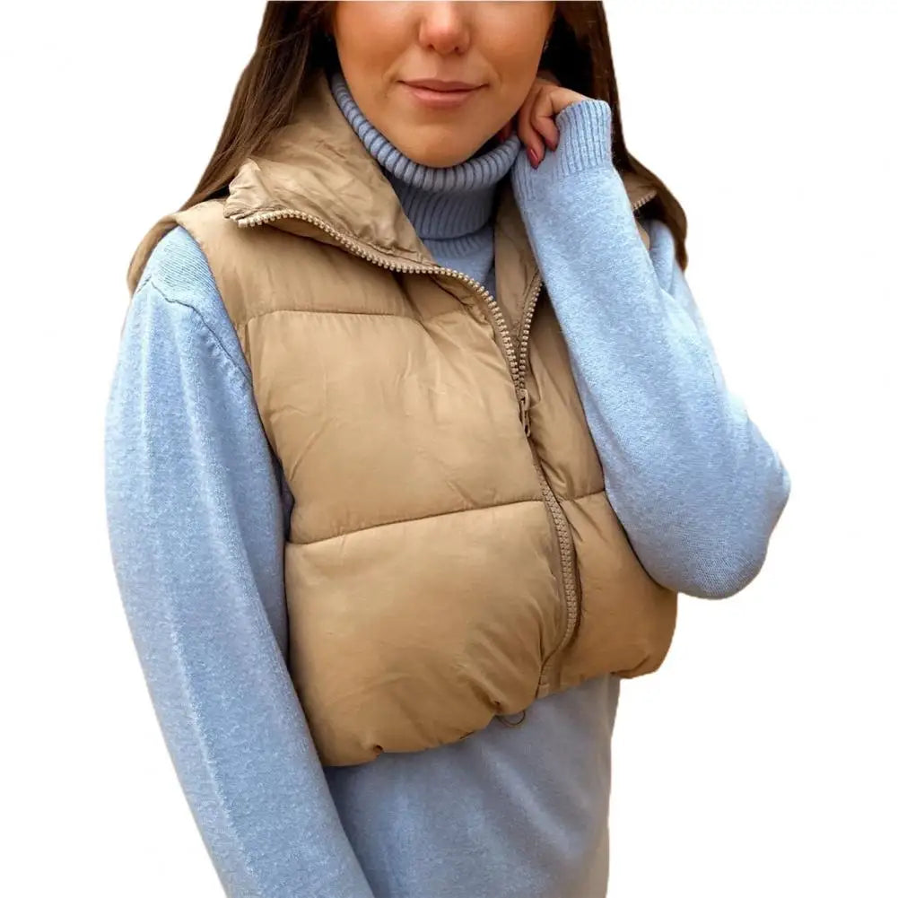 Fall Winter Warm Cropped Vest Jackets for Women Fashion Sleeveless Stand Collar Zip Up Puffer Waistcoat Street Style Outwear - Colouronova