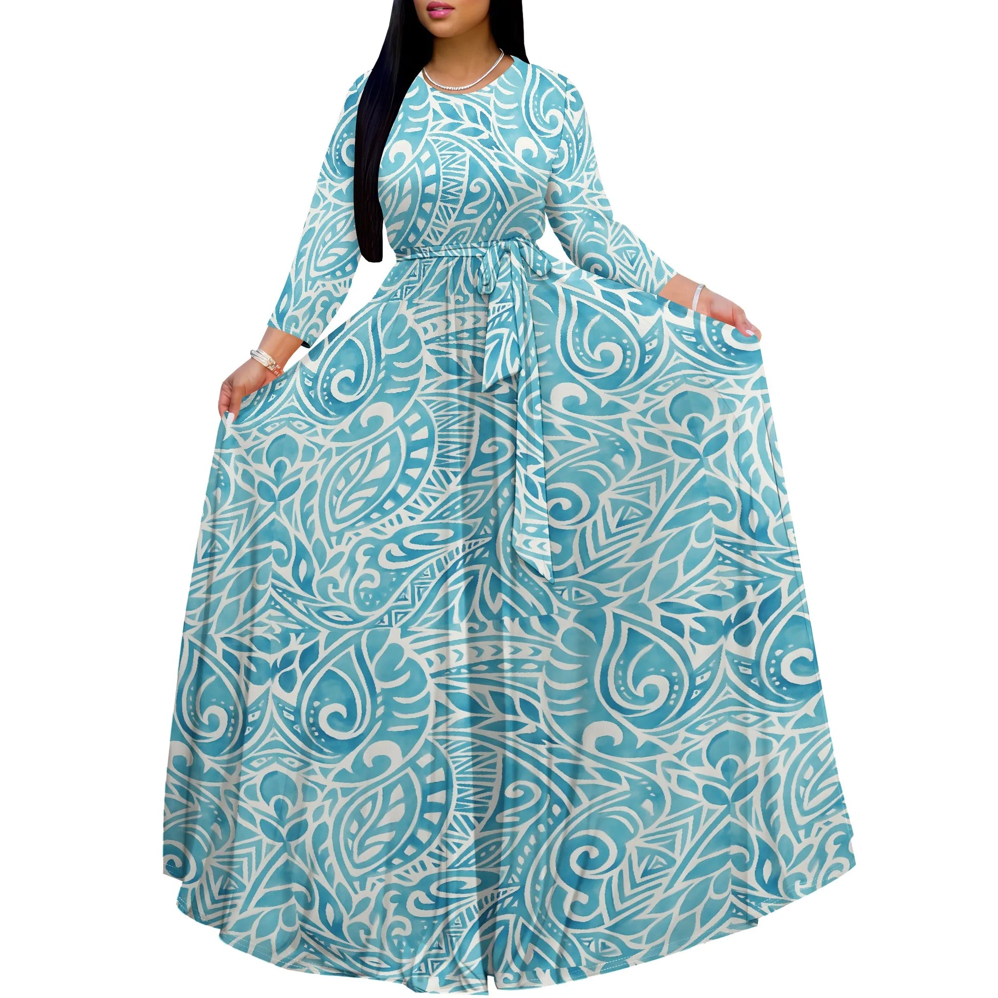 Long Sleeve Plus Size Maxi Fall Dress for Curvy Women Round Neck 3/4 Sleeve Long Dress Cocktail Party Dress - Colouronova