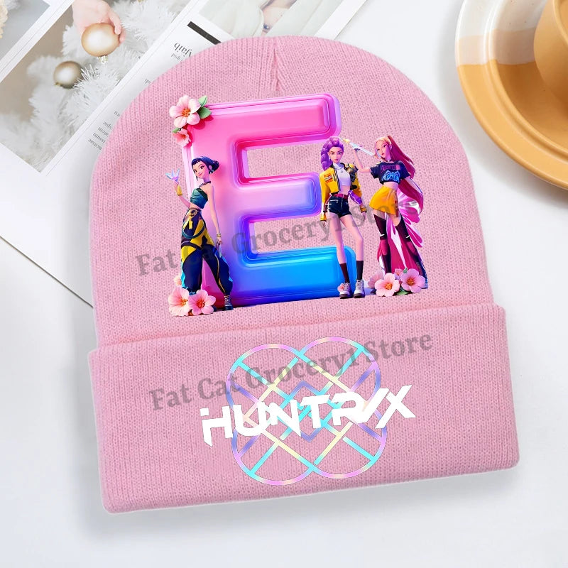 Kpop Demon Hunter Knitted Hat Girls Cute Letter A-Z Knit Cap Kids Winter Outdoors Warm Beanies Children Fashion Headgear Gift - Colouronova