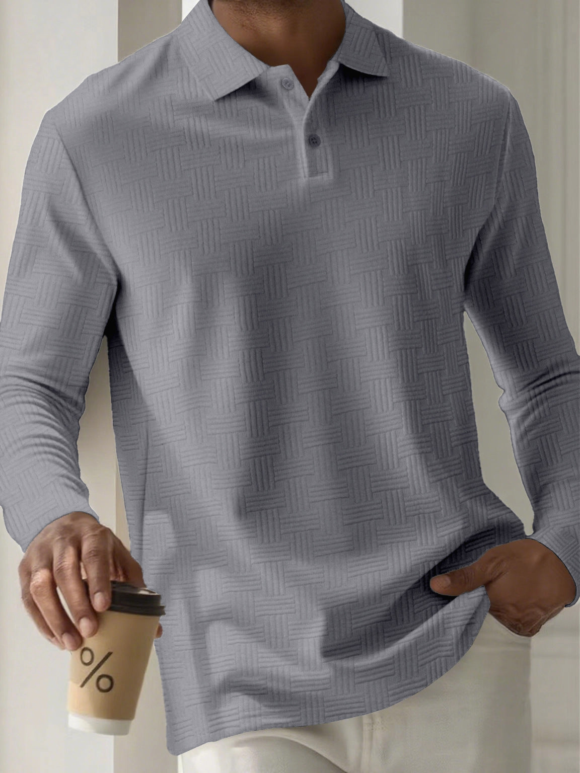 Mens Textured Long Sleeve Polo Shirts Colouronova