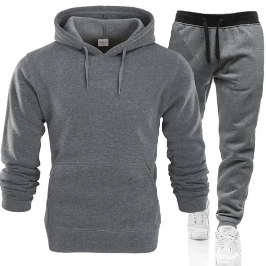 Men Tracksuits Autumn Winter Fleece Warm Suit 2 Pieces Sets Hooded Sweatshirt Pants Long Sweatpants Streetwear Men Outfit Set - Colouronova