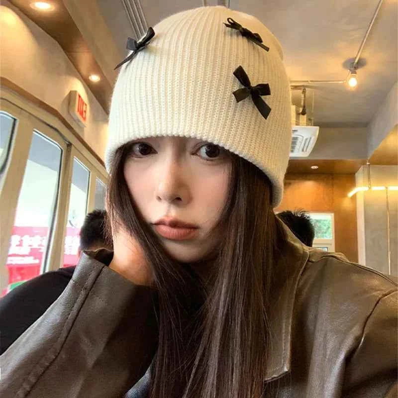 Korean Bow Women Beanie Cap Autumn Winter Warm Ins Style Cute Y2K Girls Knitted Hat Solid Color Bowknot Female Thermal Skullcap