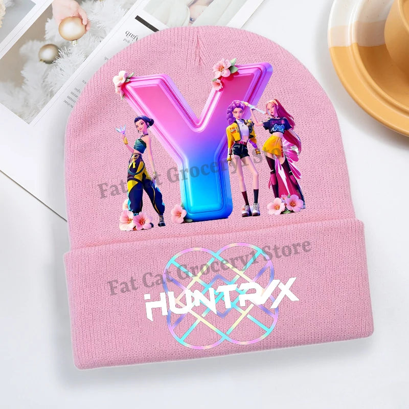 Kpop Demon Hunter Knitted Hat Girls Cute Letter A-Z Knit Cap Kids Winter Outdoors Warm Beanies Children Fashion Headgear Gift - Colouronova