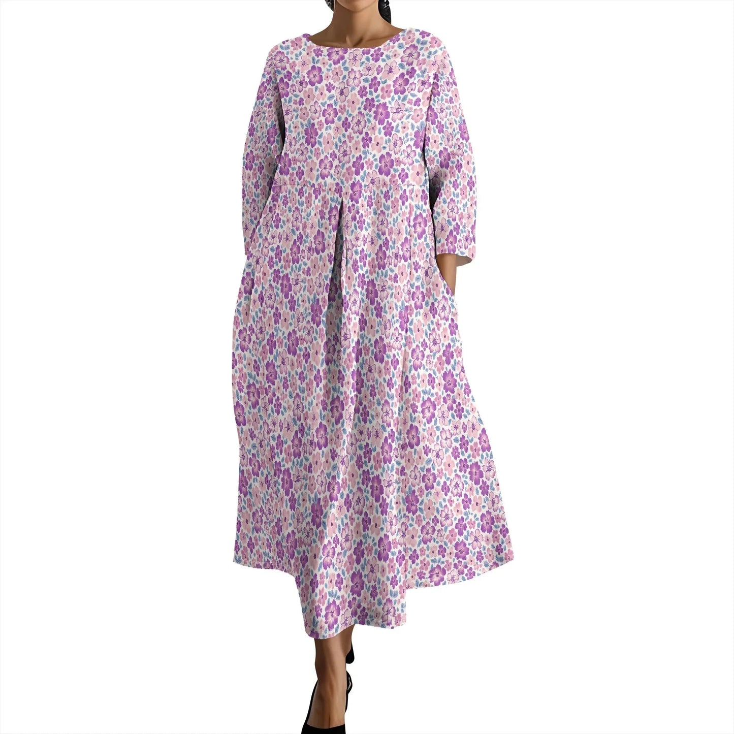 Women's Long Sleeve Elegant Solid Color Autumn Maxi Dresses Casual Loose Plus Size Beach Dress for Women with Pockets Colouronova