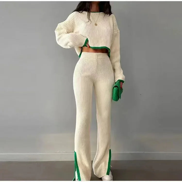 Autumn Winter 2 Pieces Women's Oufit Sets Knitted Tracksuit O-Neck Sweater and Wide Leg Jogging Pants Female Suits - Colouronova