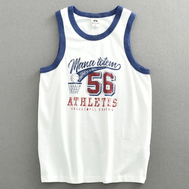 Summer Japan Retro Printed Basketball Loose Sleeveless T-shirt Tank Tops American Vintage Casual 100% Cotton Vest Tees for Men Colouronova
