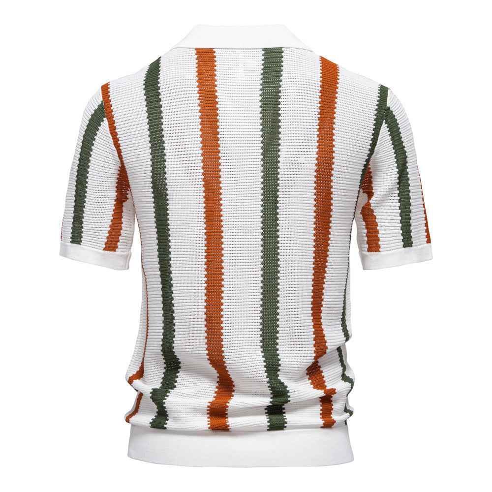 Breathable Striped Mens Polo Shirt Summer Short Sleeve Knit Top