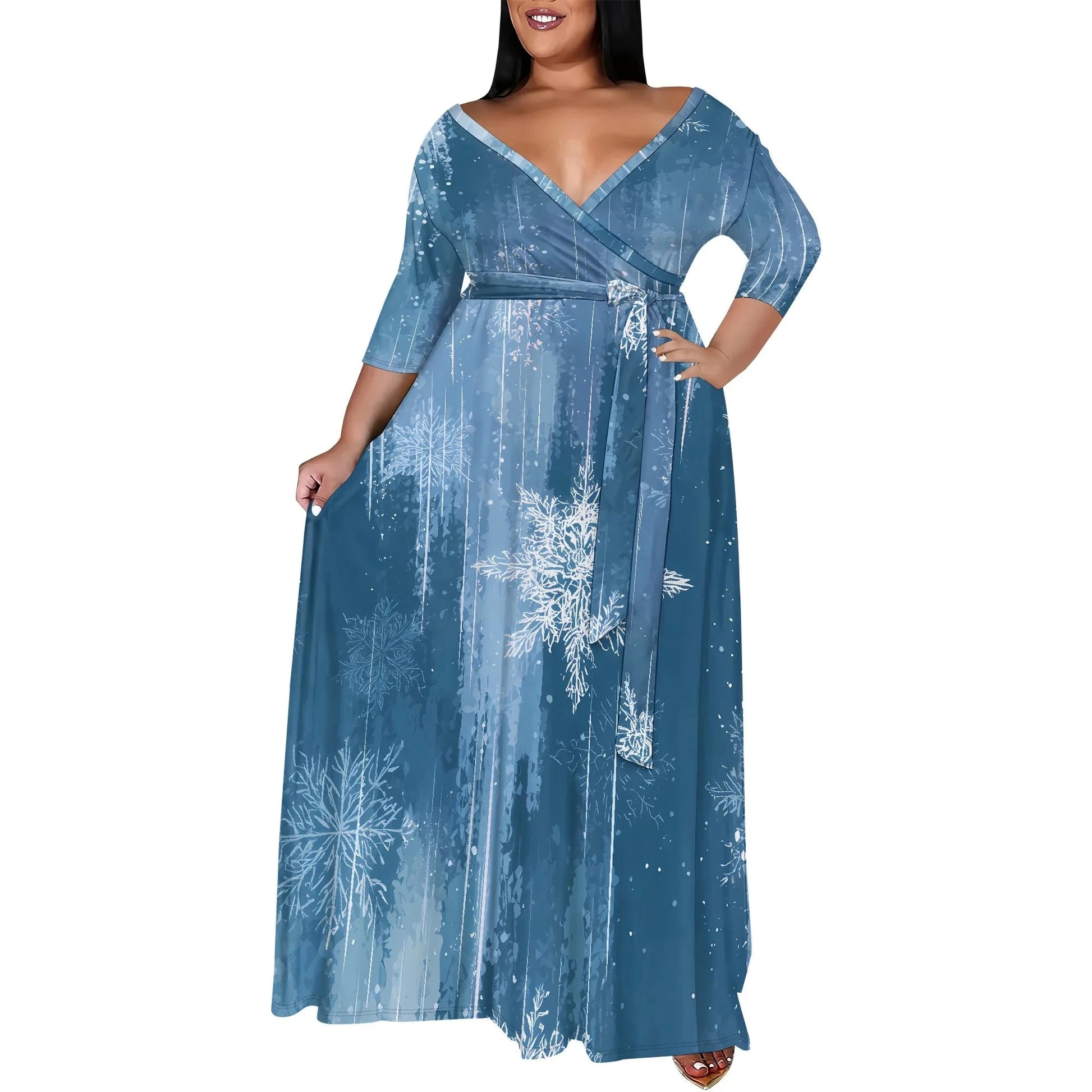 Plus Size Women's 3/4 Sleeve V-Neck Snowflake Print Wrap Maxi Dress Winter Elegant Party Dress Colouronova