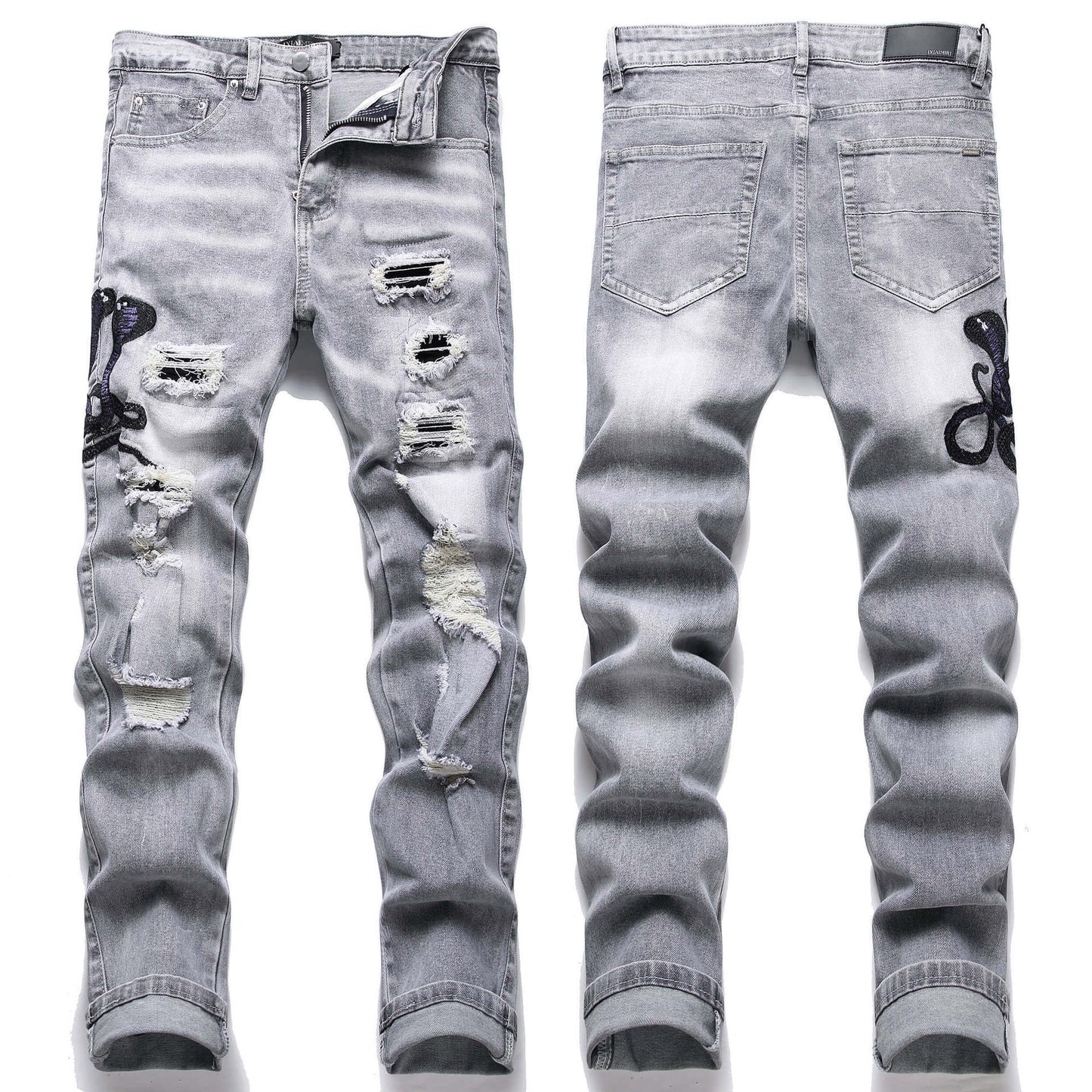 Mens Stretch Ripped Embroidered Jeans Colouronova