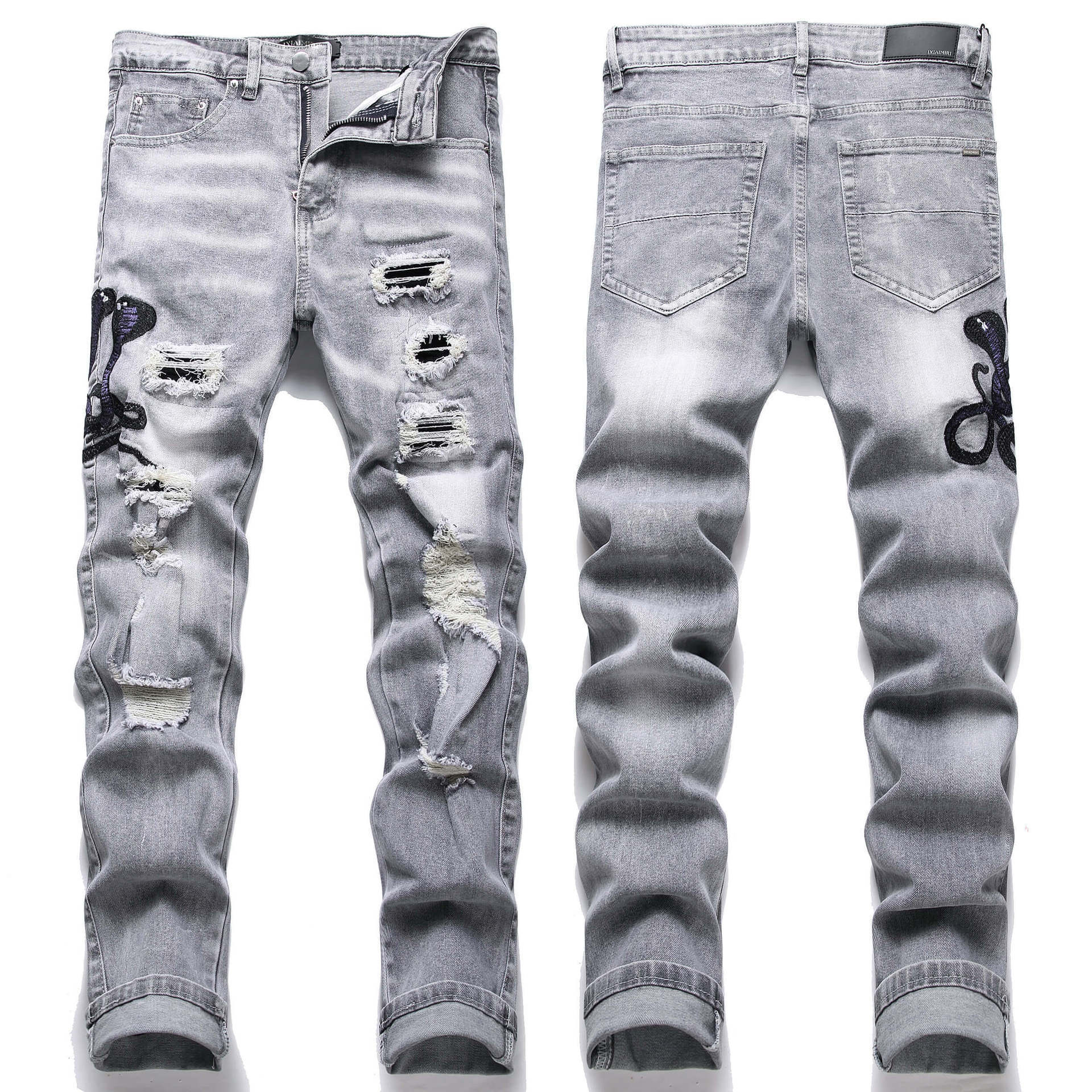 Mens Stretch Ripped Embroidered Jeans Colouronova