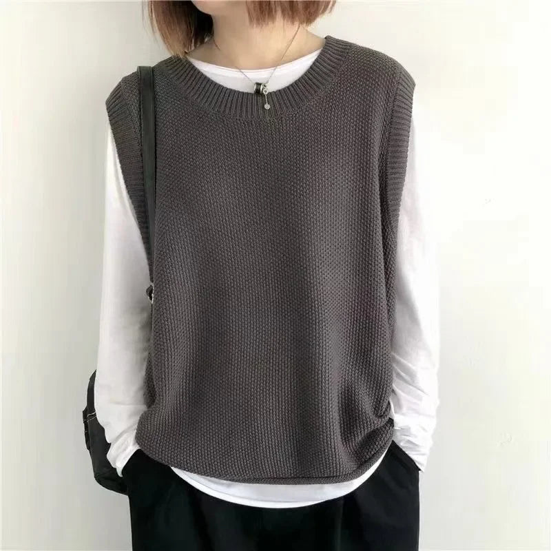 Autumn New Women's Fashion Round Neck Knitted Vest Sleeveless Solid Color Spring Versatile Female Chic Casual Tank Top - Colouronova