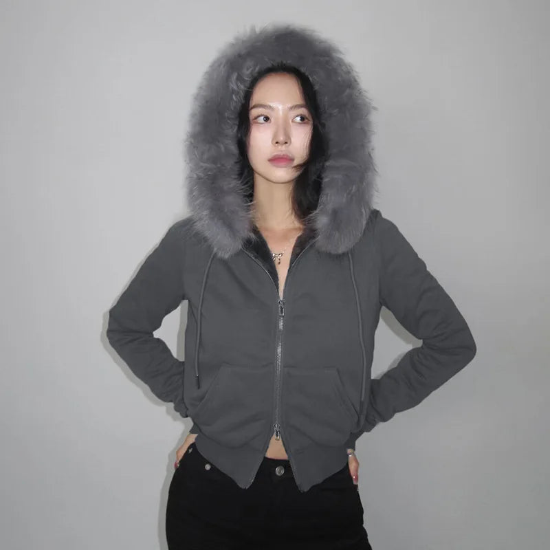 Women Hooded Zipper Coats Full Sleeved Thick Jackets Solid Slim Fit Spliced Elegant Jacket Pockets Casual Autumn Winter - Colouronova