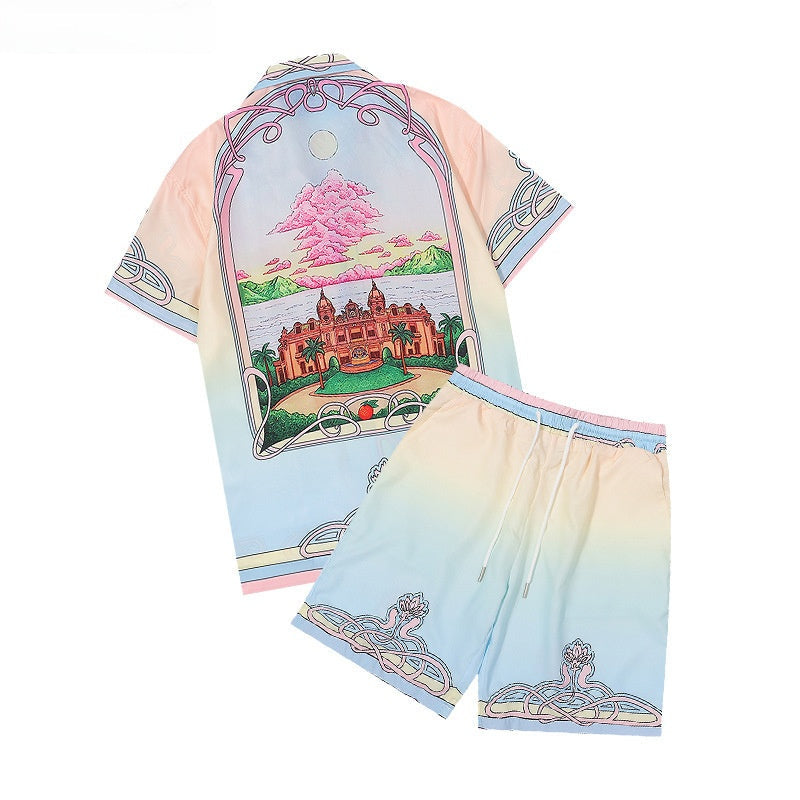 Men's Summer Striped Print Casual Shirt and Shorts Set Colouronova