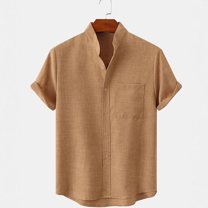 Mens Cotton Linen Stand Collar Shirt Colouronova