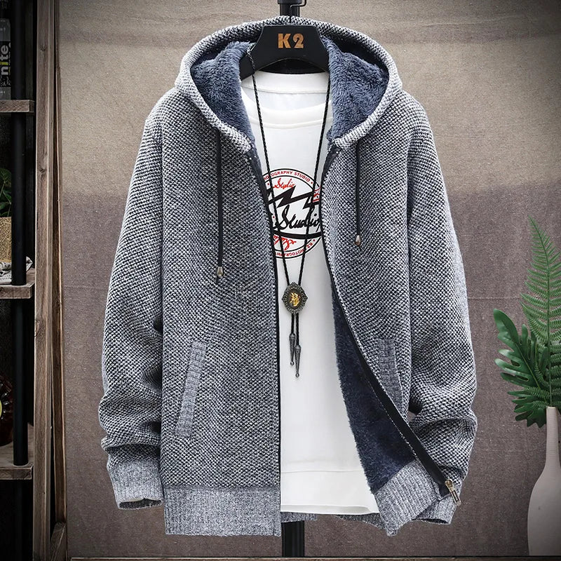 Men's Winter Autumn Fleece Sweater Zipper Cardigan Korean Warm Jacket Coat Sports Male Jumper Knit Clothing Brown Jacket - Colouronova