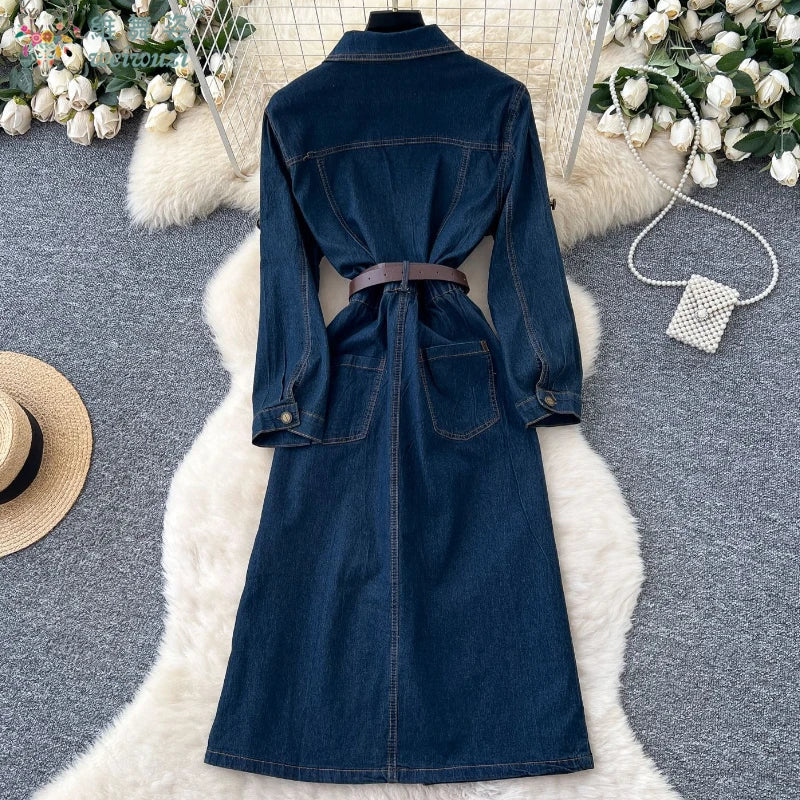 Autumn New Retro Style Quality Women's Split Denim Dress with Belt Fashion Long Jean Skirt Lady Elegant Vacation Cowboy Outfit - Colouronova