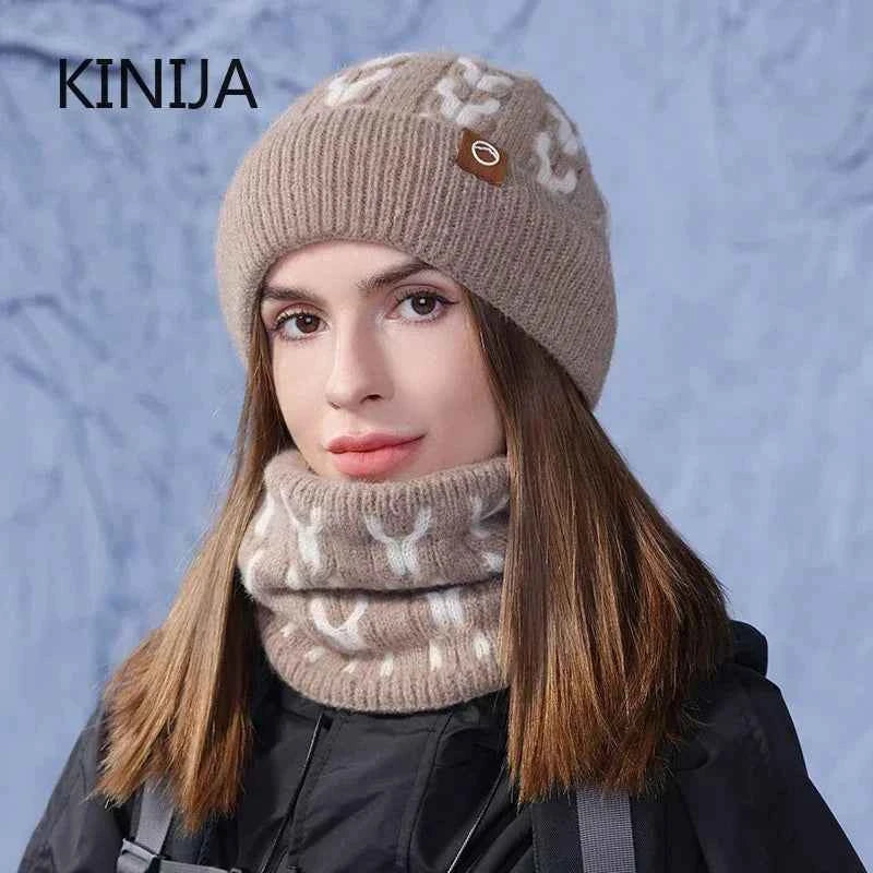 Winter Knitted Hat Scarf Set for Men Women Cold Proof Ear Protection Scarf Warm Skullies Beanie Windproof Outdoor Cycling Skiing