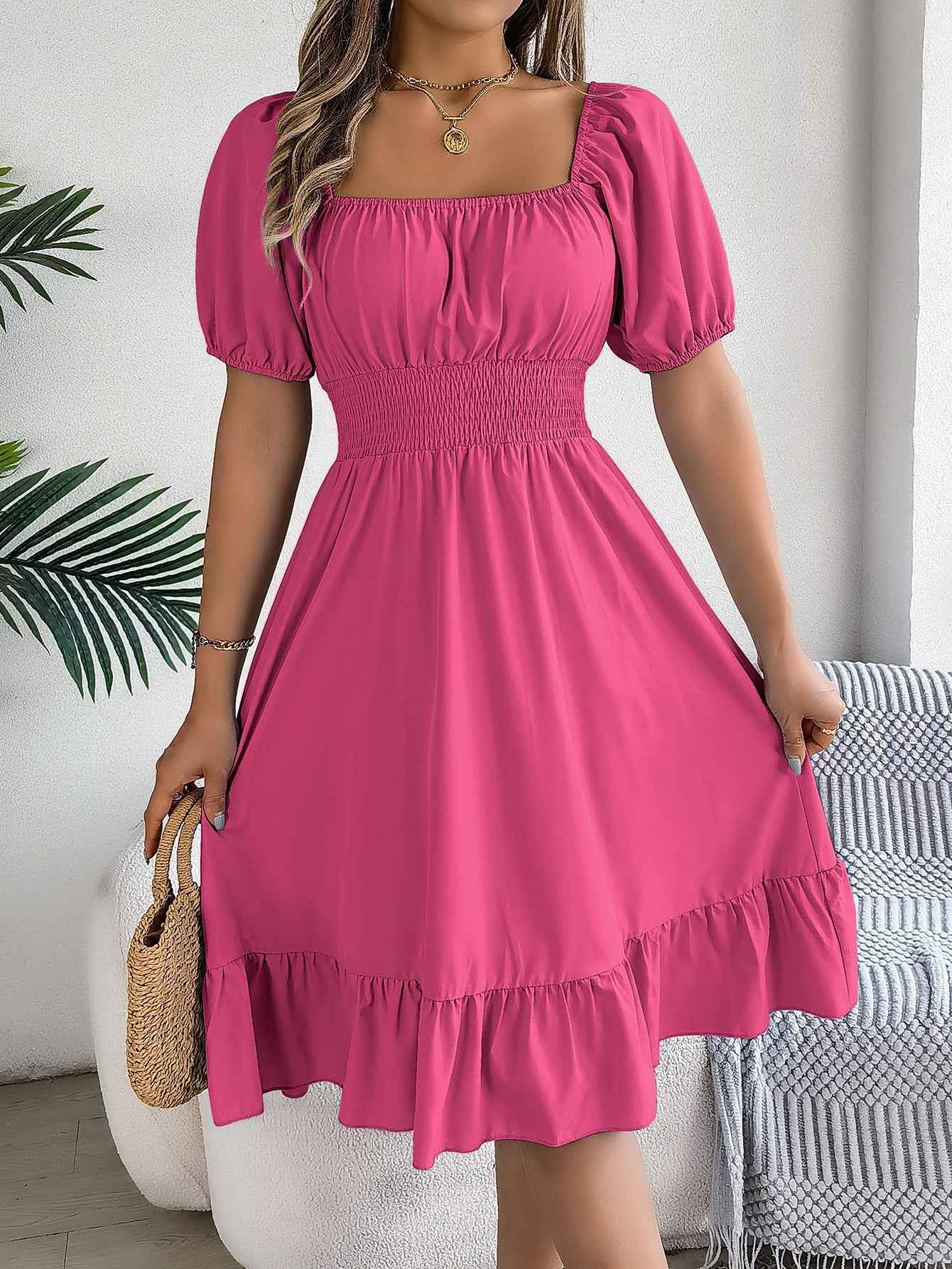 Square Neck Ruffle Hem A-Line Dress