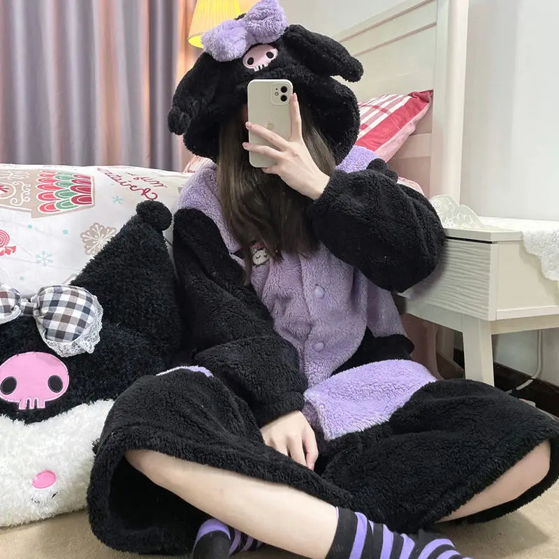 Plush Pajamas Night-Robe Suit Sanrioed Anime Kawaii Kuromi Coral Fleece Homewear Winter Long Style Thickened Nightgown Pants - Colouronova
