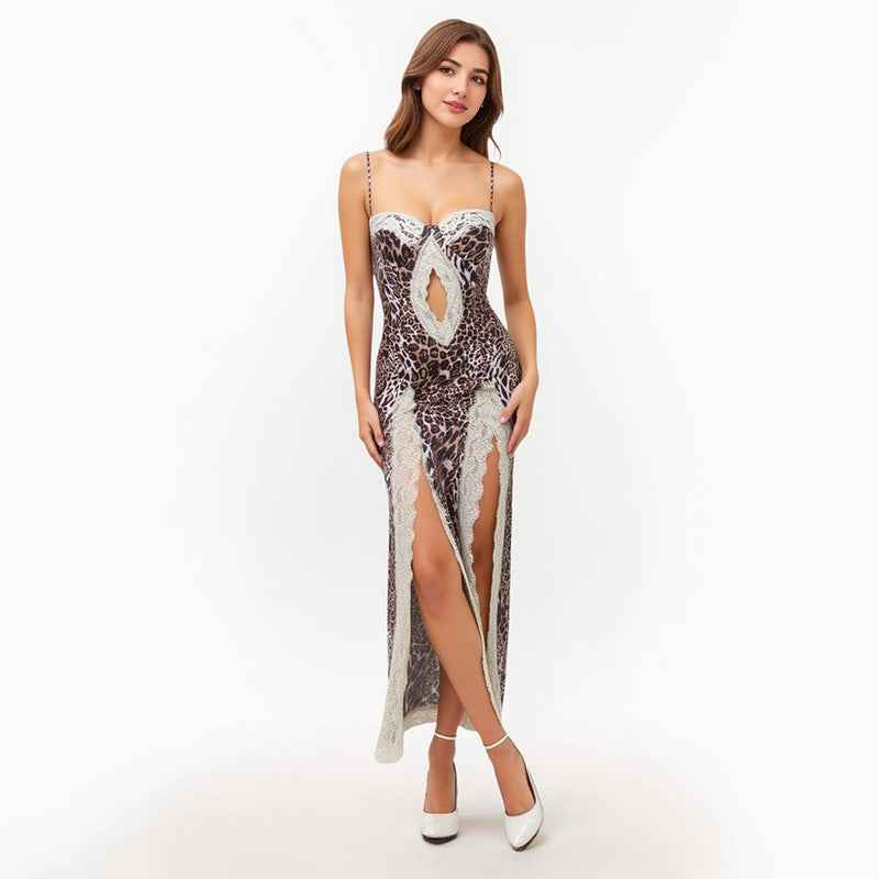 Leopard Print Lace Strap Dress