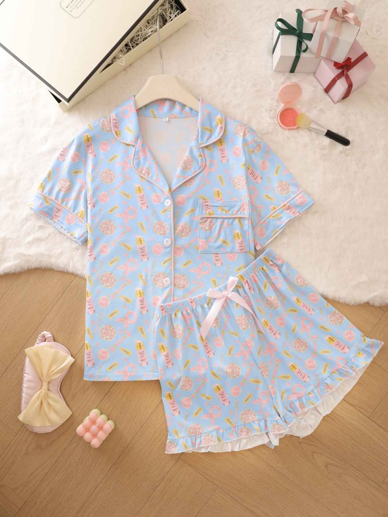 Womens Milk Silk Loungewear Set with Ruffle Shorts