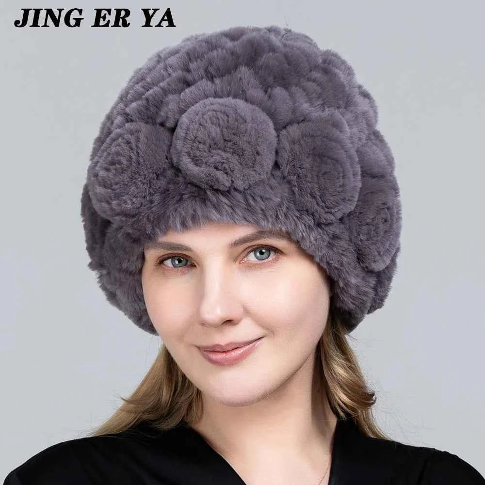 JINGERYA Winter Hat Women Warm Floral Rex Rabbit Fur Knitted Beanie Striped Classic Natural Real Fur Hats