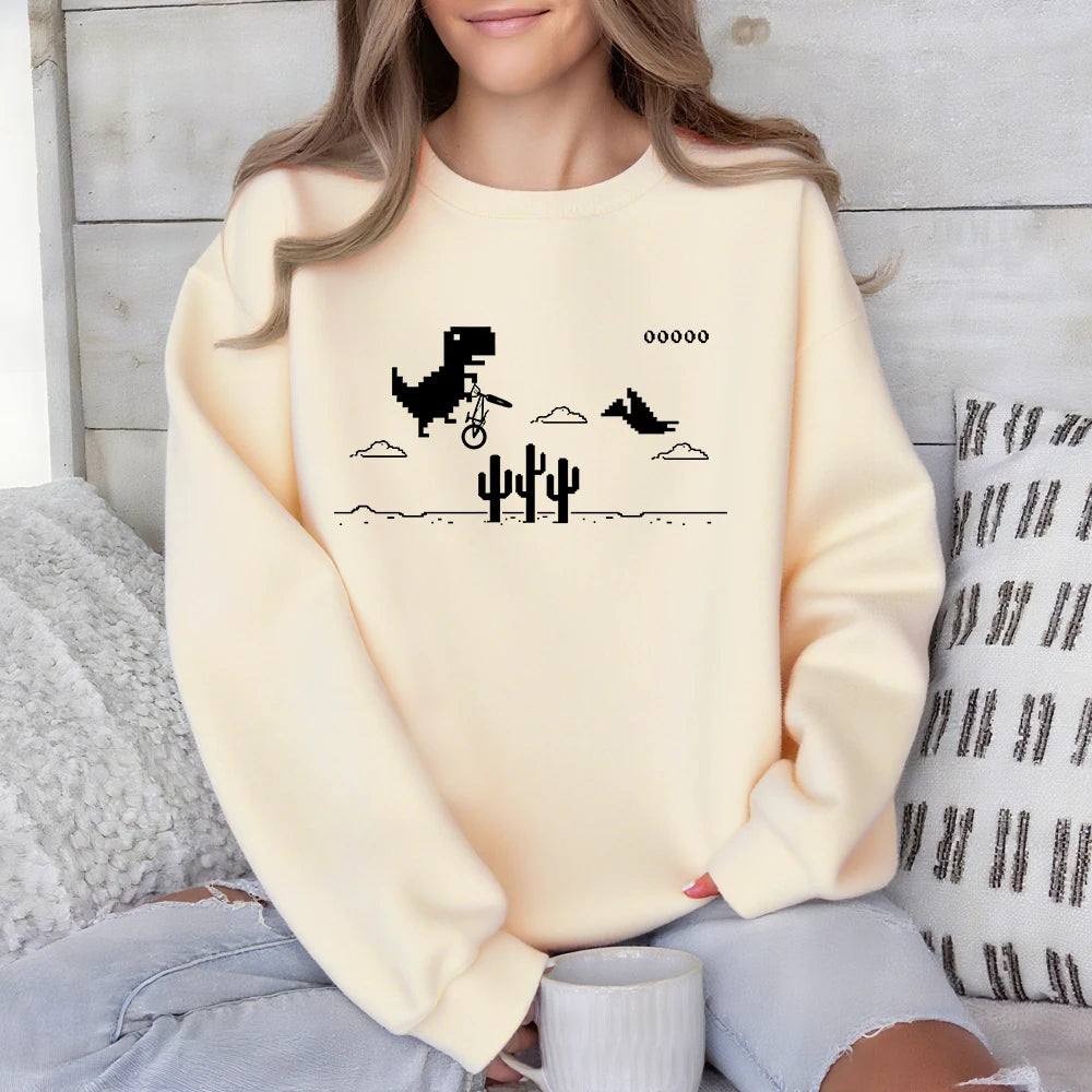 Pixel Art Of The Dino Game Printed Sweatshirts Women Crewneck Sporty Hoodies Loose Fleece Warm Tops Autumn Casual Womans Clothes - Colouronova