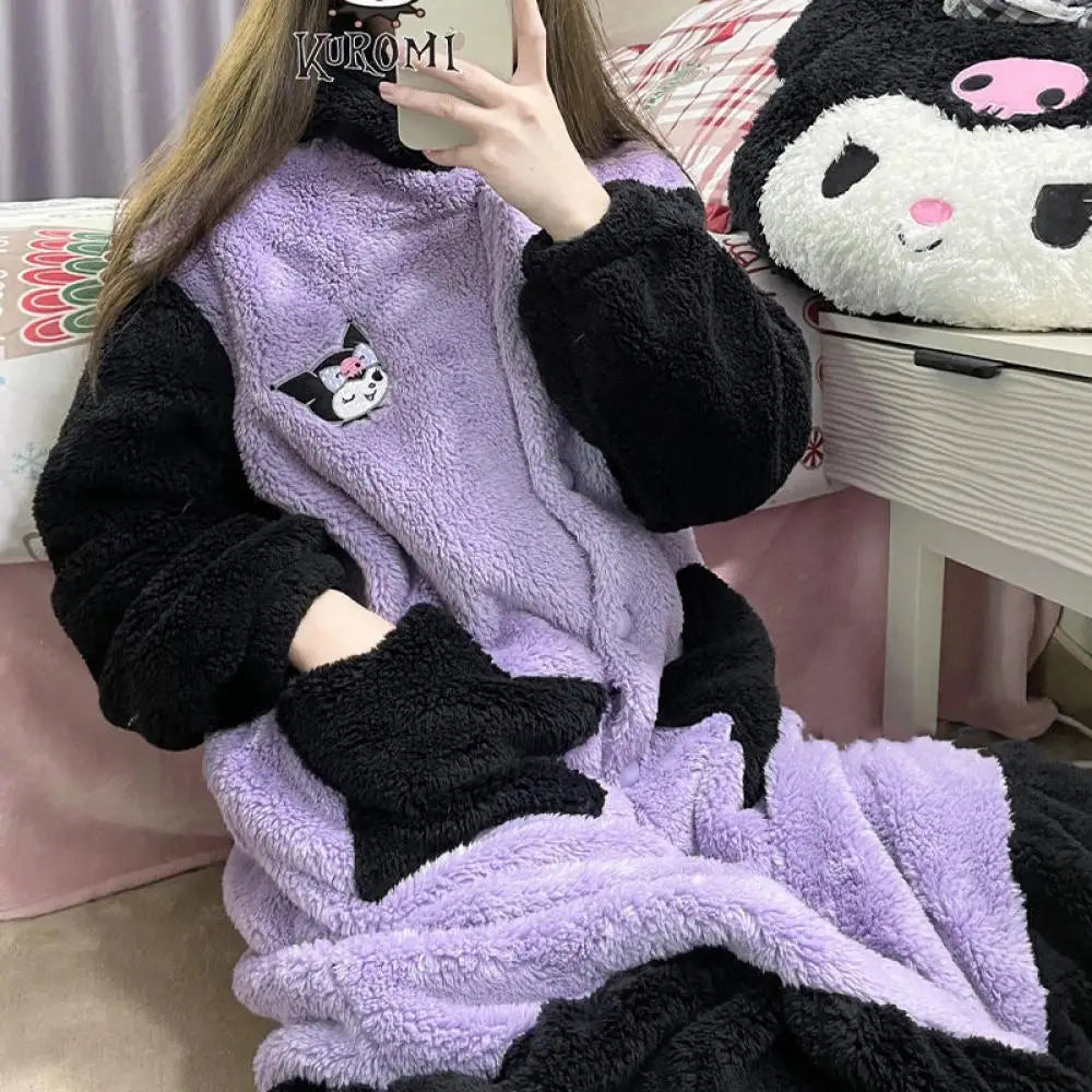 Plush Pajamas Night-Robe Suit Sanrioed Anime Kawaii Kuromi Coral Fleece Homewear Winter Long Style Thickened Nightgown Pants - Colouronova
