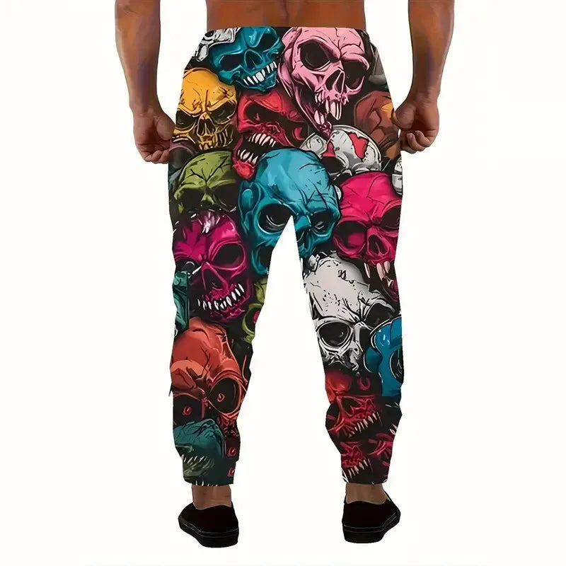 Men's Loose Pocket Draw Rope Sports Sweatpants Winter New Thick Warm Men's Sweatpants Fashion Color Skull Printed Sweatpants - Colouronova