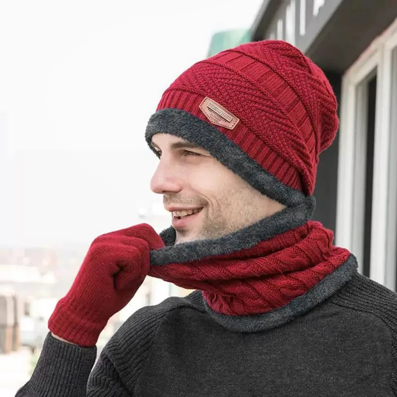 3Pcs/set Winter Beanie Hat Neck Warmer Gloves for Men Women Thicken Warm Plush Lined Knitted Outdoor Riding Windproof Scarf Caps - Colouronova