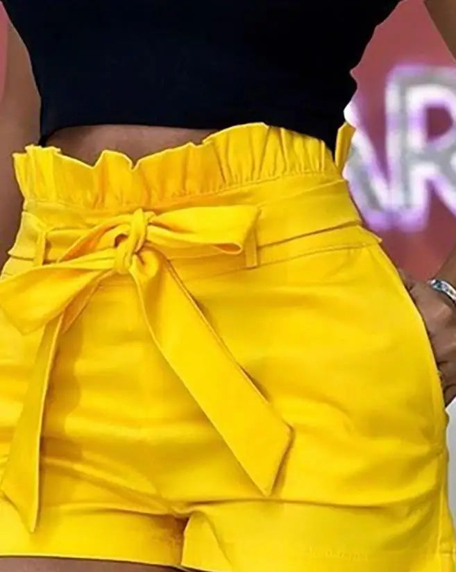 2024 Summer New Fashion Elegant Women's Frills High Waist Skinny Mini Short Pants with Belt Female Casual Clothing Bottom - Colouronova