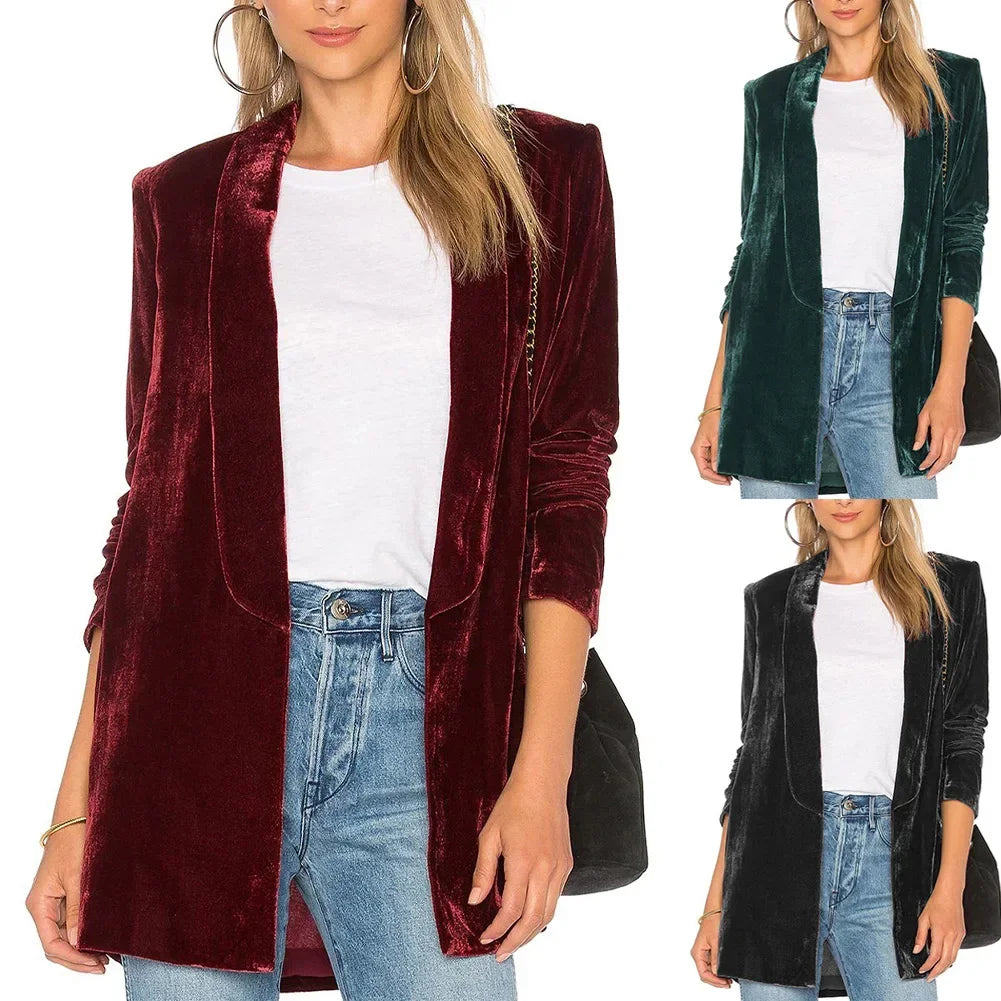 Blazer Womens Coat Appointments Blazer Suit Coat Daily Golden Velvet Jacket Long Sleeve Office Open Front Cardigan - Colouronova