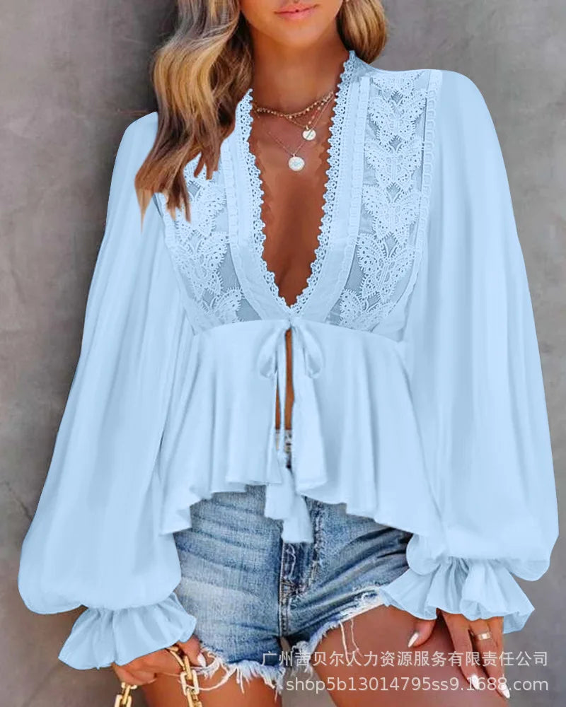 Women Tops Slash Neck Flare Sleeve Solid Pullovers Ruffles Casual T Shirts Elegant Lady Slight Strech Autumn 2024 Patchwork - Colouronova