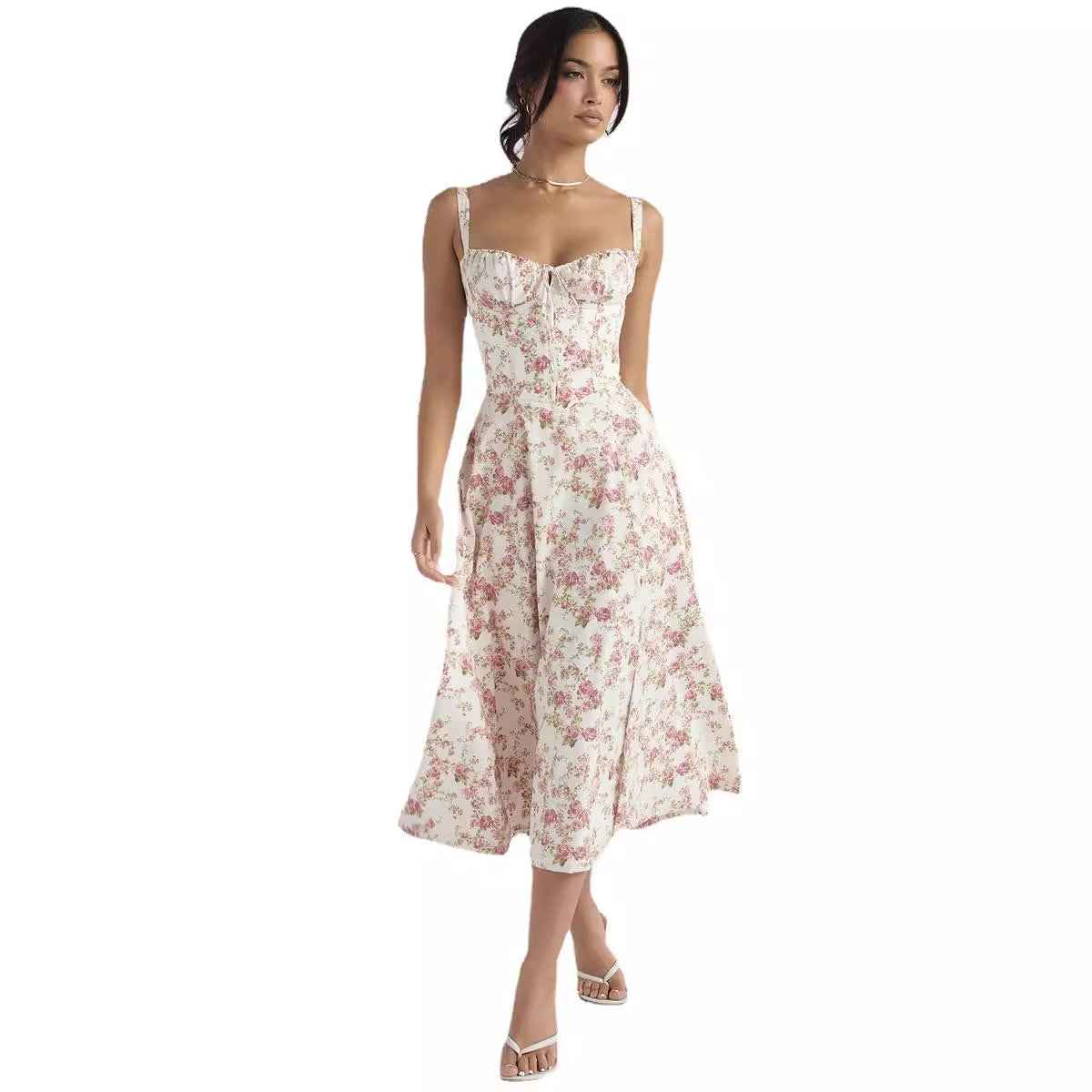 Elegant Sling Midi Dress with Floral Patterns