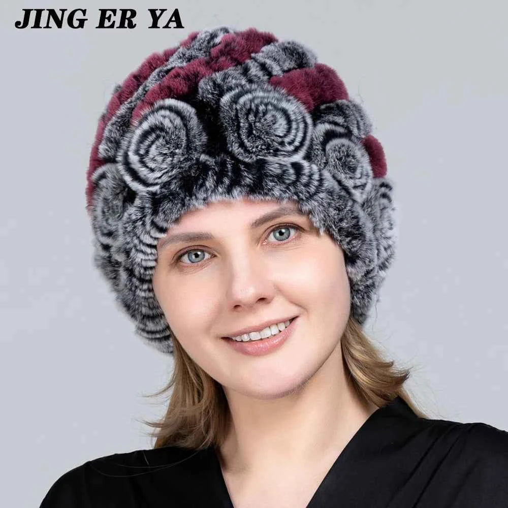 JINGERYA Winter Hat Women Warm Floral Rex Rabbit Fur Knitted Beanie Striped Classic Natural Real Fur Hats