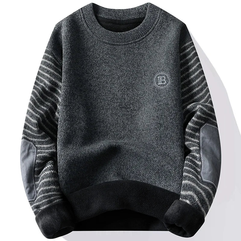 Autumn New Men Sweater Patckwork Round Neck Pullovers Fleece Lined Thick Warm Winter Knitwear Fashion Jumpers Male Clothes - Colouronova