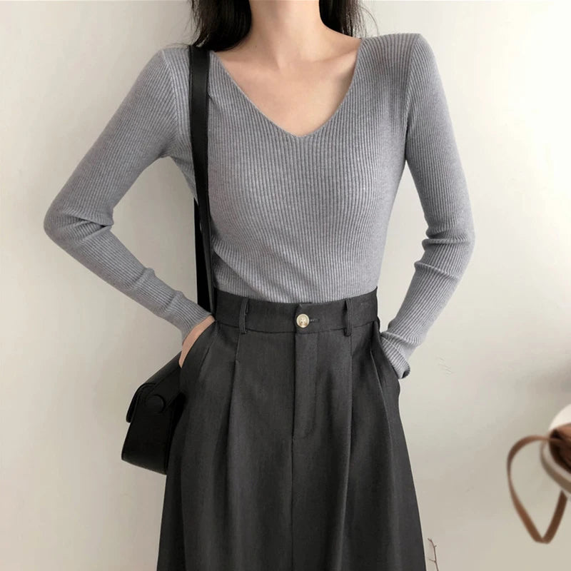 Autumn Basic Bottoming Longsleeve Sweater Women Ribbed Soft Neck Elastic Pullover Warm Solid Color Slim Sweater Top - Colouronova