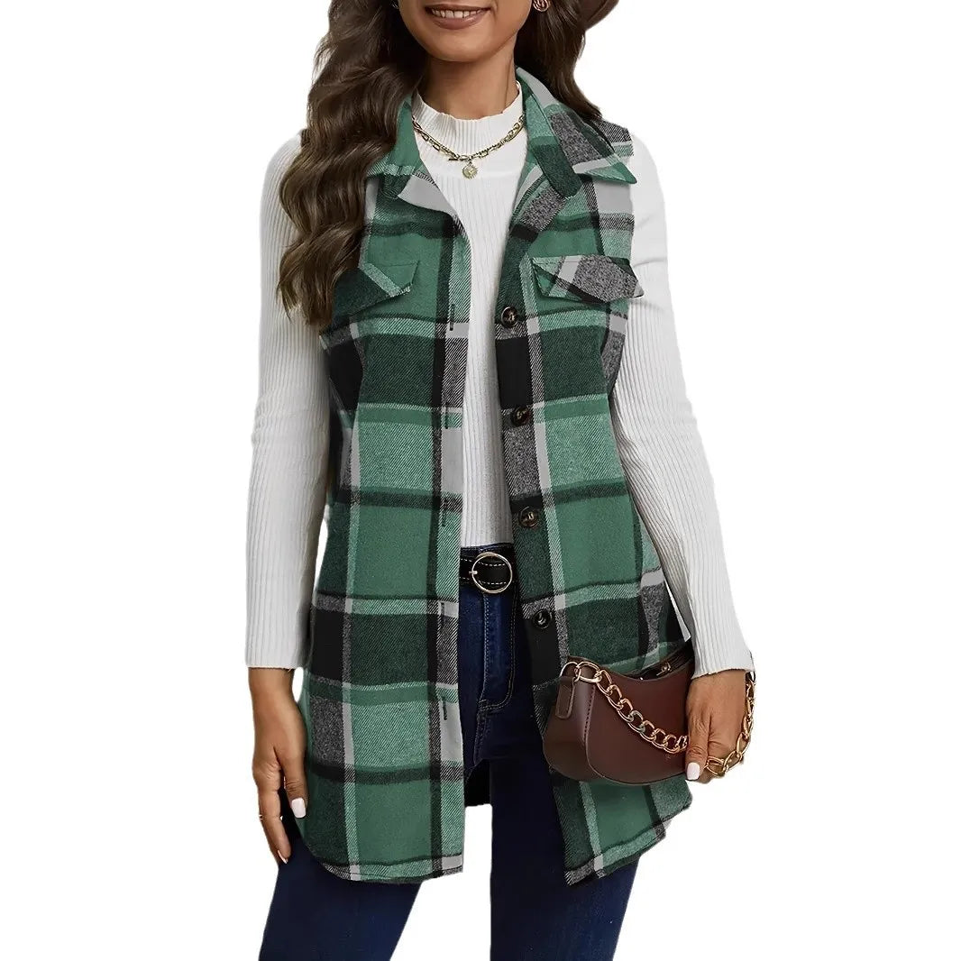 Women Plaid Jackets Sleeveless Vest Turn Down Collar Cardigan Casual Slim Fit Button Spliced Coats Vests Streetwear Autumn - Colouronova